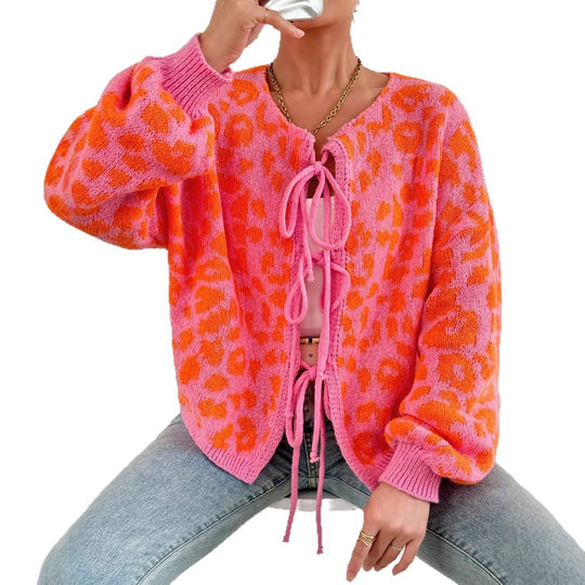Damen Strickjacke mit einzigartigem Leopardenmuster und verstellbarem Kordelzug EB
