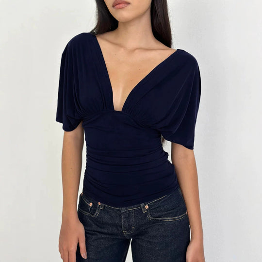 Damen Elegantes Oberteil mit tiefem V-Ausschnitt und lässigem Drapierungsdesign EB