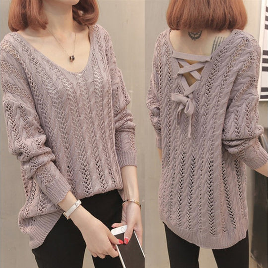 Damen Strickpullover mit elegantem V-Ausschnitt und lässigem Lochmuster EB