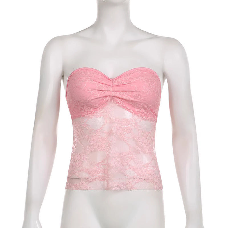 Damen Spitzen-Crop-Top mit elegante Raffung und transparenter Details EB