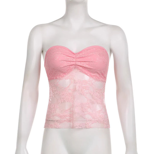 Damen Spitzen-Crop-Top mit elegante Raffung und transparenter Details EB