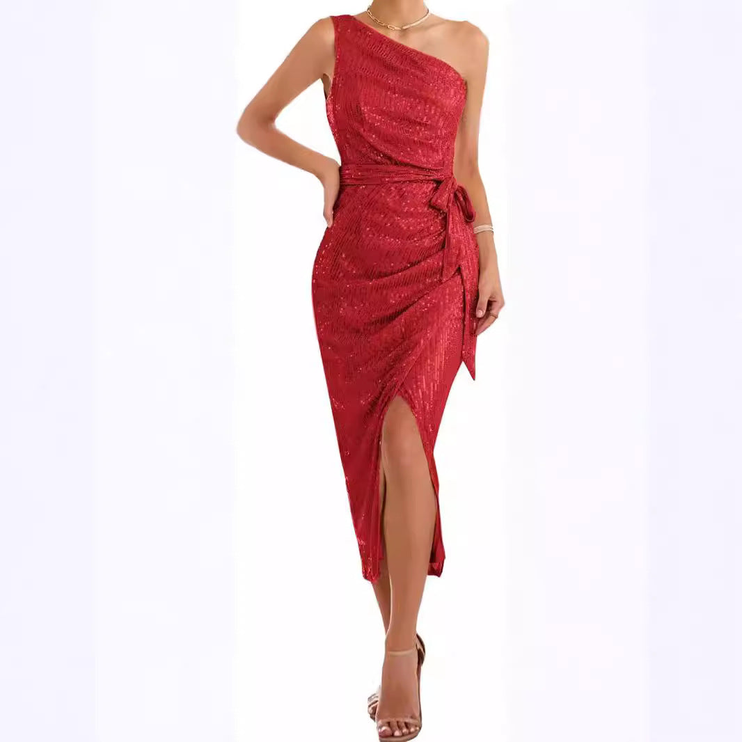 Damen asymmetrisches Abendkleid mit Pailletten und hohem Schlitz EB
