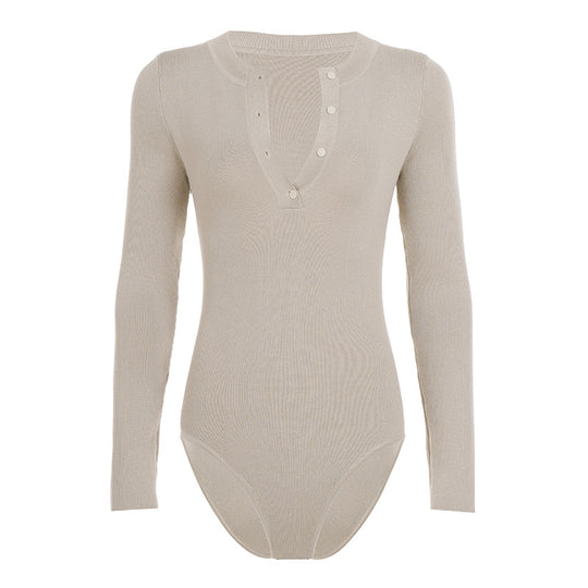 Damen Langarm-Bodysuit mit Knopfleiste und Rippstruktur EB