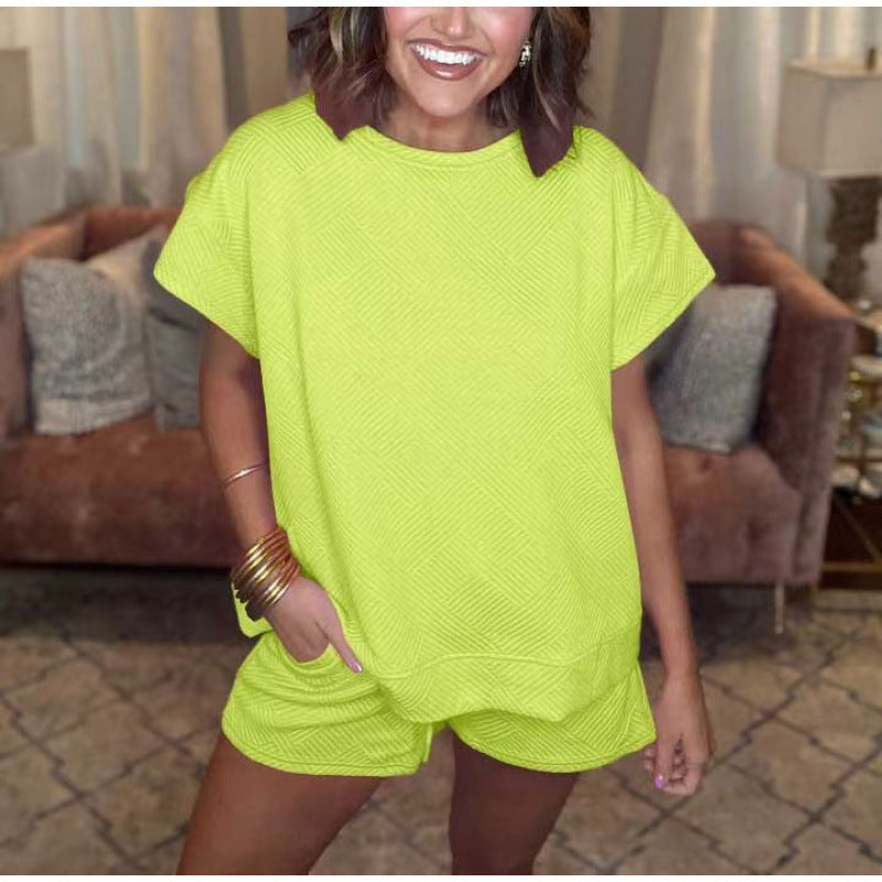 Damen gemütliches Freizeit-Set mit strukturiertem Oberteil und Shorts EB