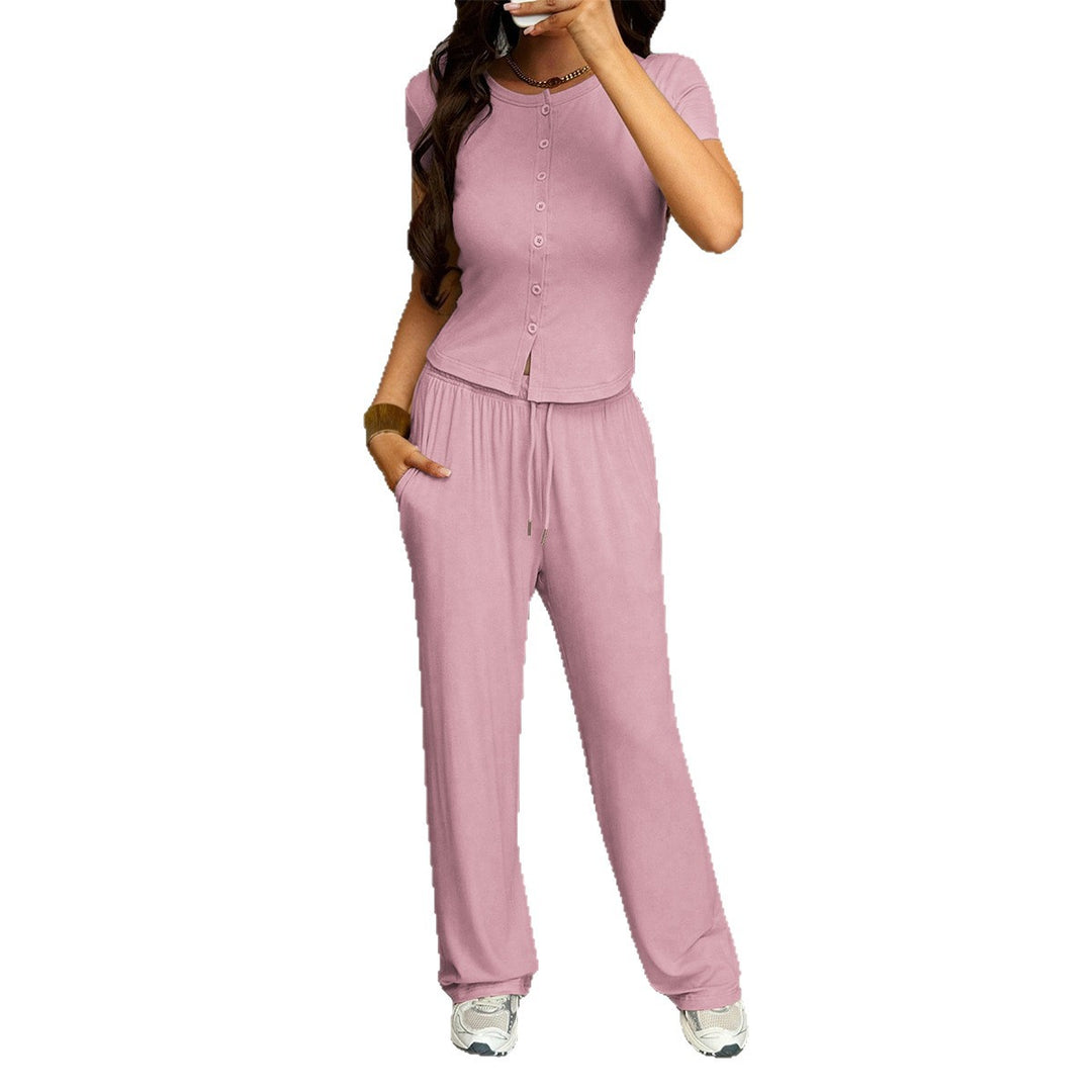 Damen Bequemes Zweiteiliges Set mit Kurzarmoberteil und lockerer Hose EB