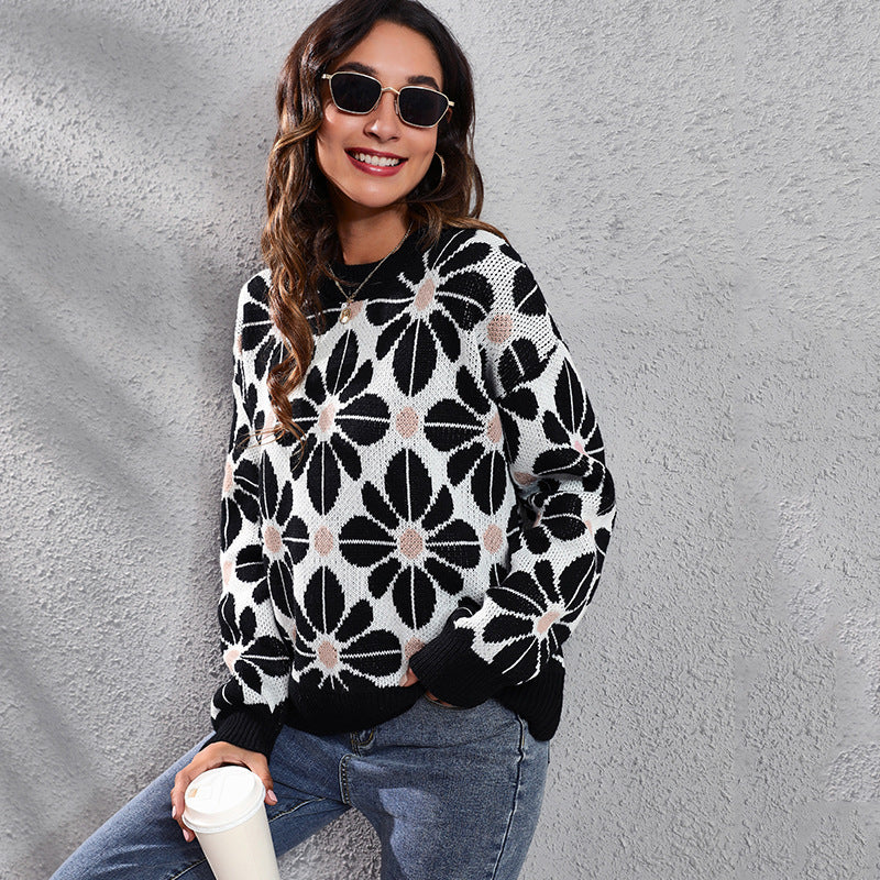 Damen Gemusterter Strickpullover mit floralem Design und hohem Kragen EB