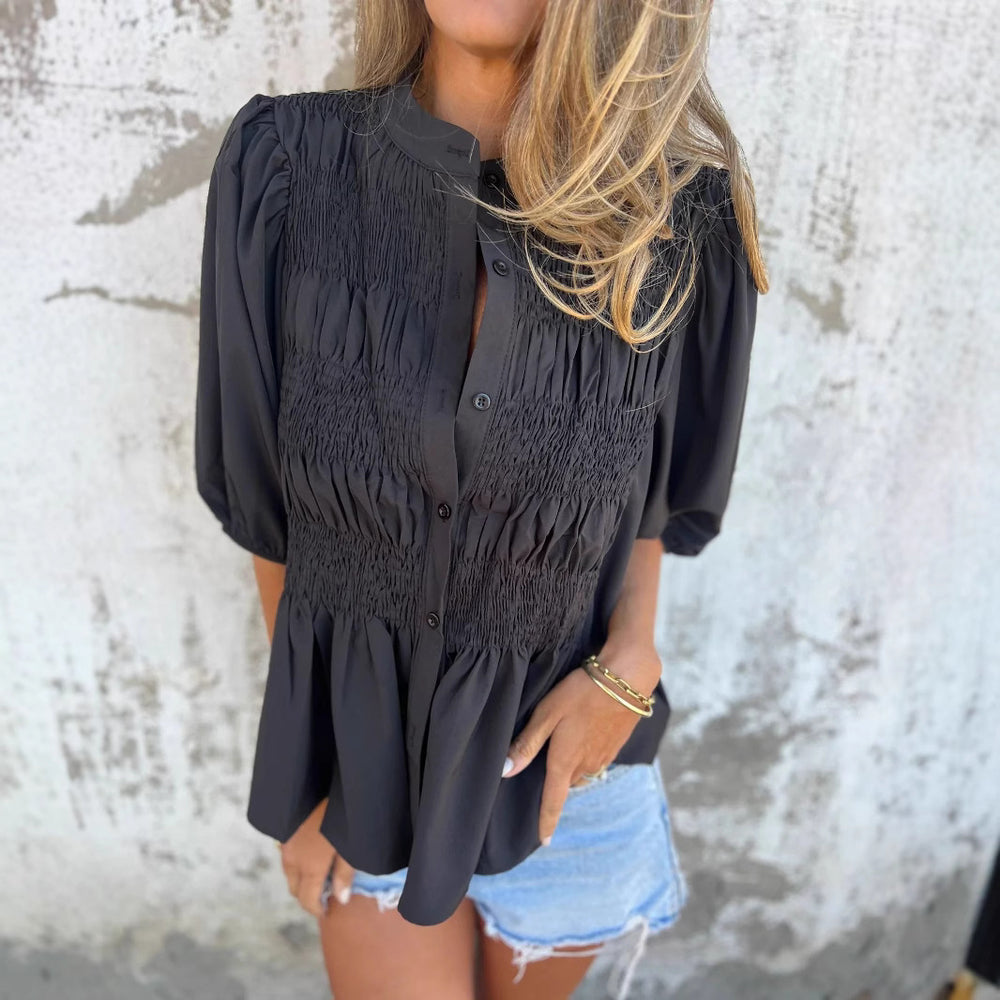 Damen elegante Bluse mit Raffung und durchgehender Knopfleiste EB