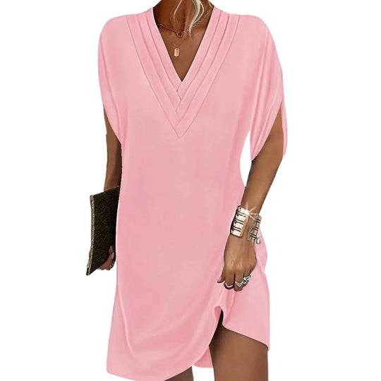 Damen V-Ausschnitt Strandkleid mit eleganten Ärmeln und asymmetrischem Saum EB