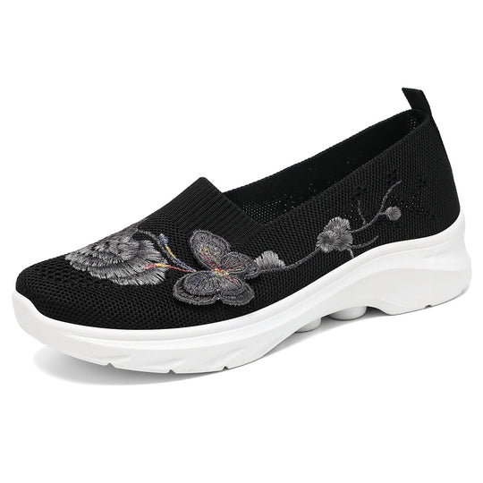 Damen nan gestrickte Slip-On Slipper mit Schmetterlings-Stickapplikation und dämpfender EVA-Plateausohle EB