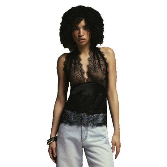 Damen Elegantes Oberteil mit Spitzendetails und tiefem V-Ausschnitt EB