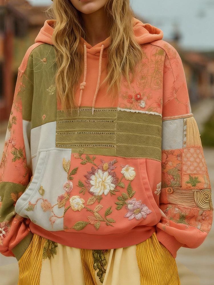 Damen Bestickter Patchwork-Kapuzenpullover mit Blumenapplikation und Kängurutasche EB