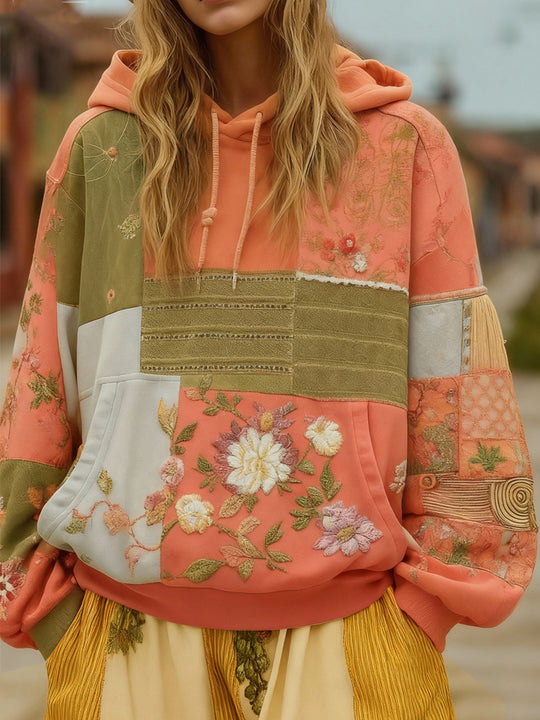 Damen Bestickter Patchwork-Kapuzenpullover mit Blumenapplikation und Kängurutasche EB