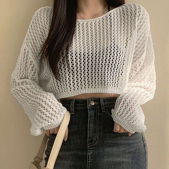 Damen luftiges cropped Strickoberteil im modernen Netzdesign EB