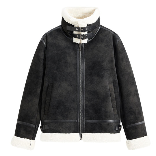Herren Lammfellimitat Fliegerjacke mit hohem Kragen und Doppel-Schnallenverschluss EB
