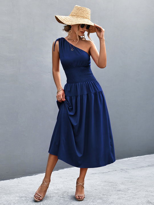 Damen Midikleid mit schnörkellosem Ein-Schulter-Design und elastischem Taillenband EB