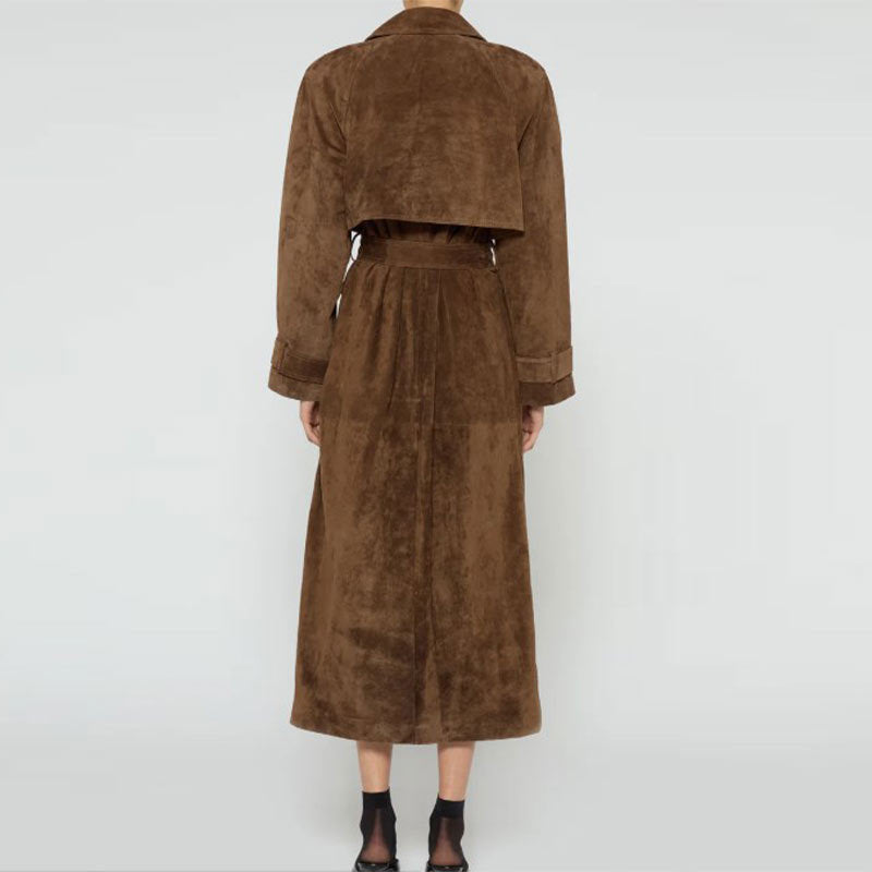 Damen Eleganter Wildleder-Trenchcoat mit tailliertem Schnitt und abnehmbaren Gürtel EB
