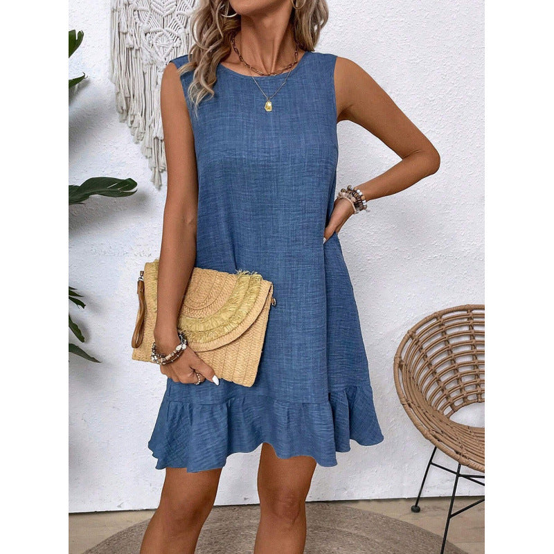 Damen Sommerkleid mit Rüschensaum und ärmellosem Design EB
