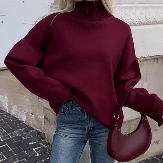 Damen Oversized Pullover mit hohem Kragen aus hochwertiger Baumwolle EB