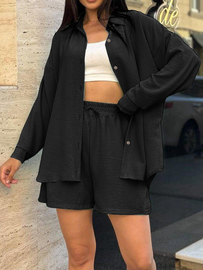 Damen lässiges Kurzarm-Set mit geknöpfter Bluse und bequemen Shorts EB