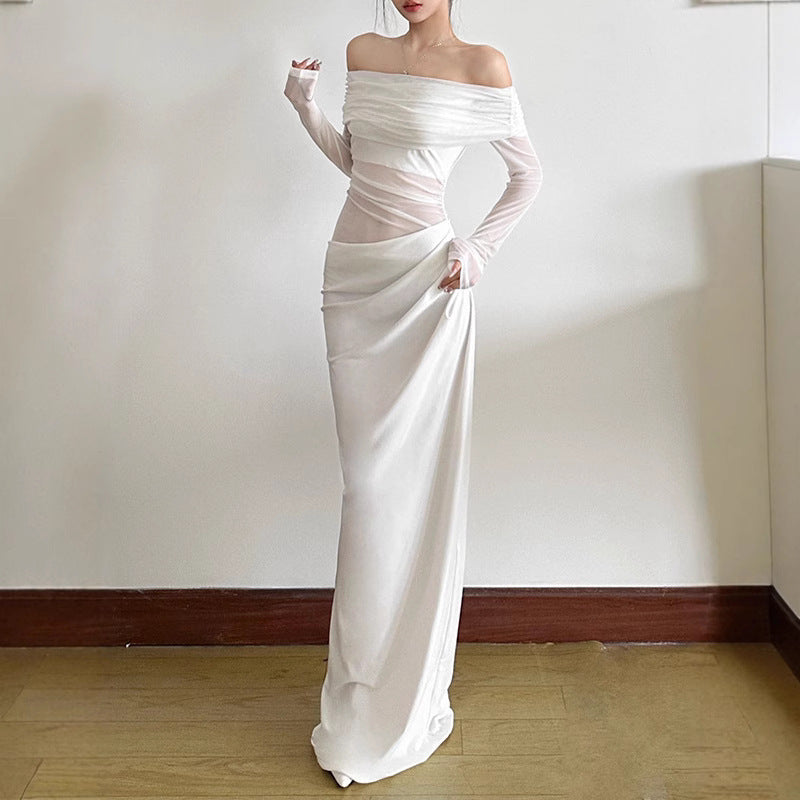 Damen Off-Shoulder Maxikleid mit figurbetonendem Design und Raffung EB