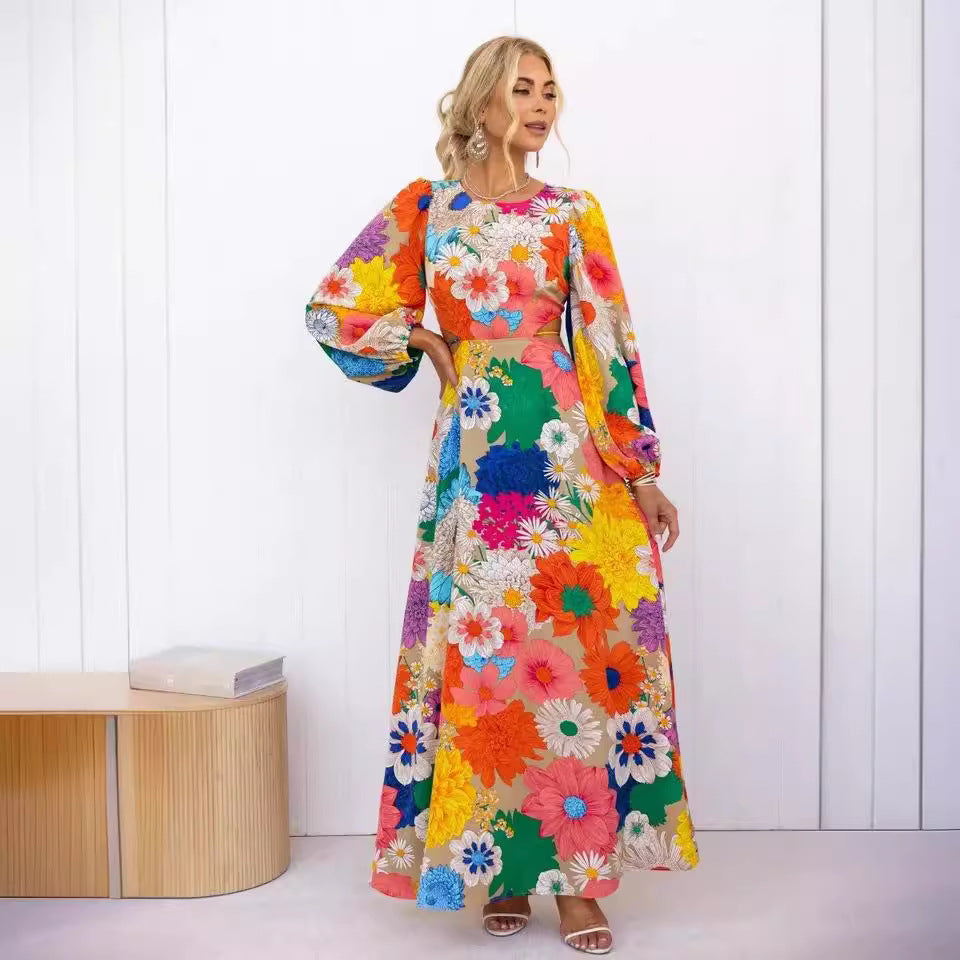 Damen Blumenmaxikleid mit voluminösen Ärmeln und floralem Allover-Print EB