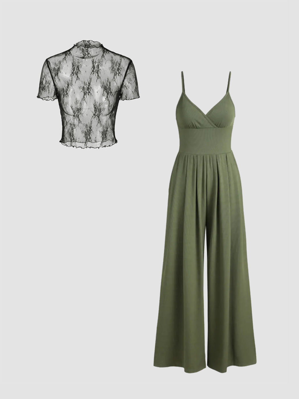 Damen elegantes V-Ausschnitt Jumpsuit mit transparenter Bluse EB