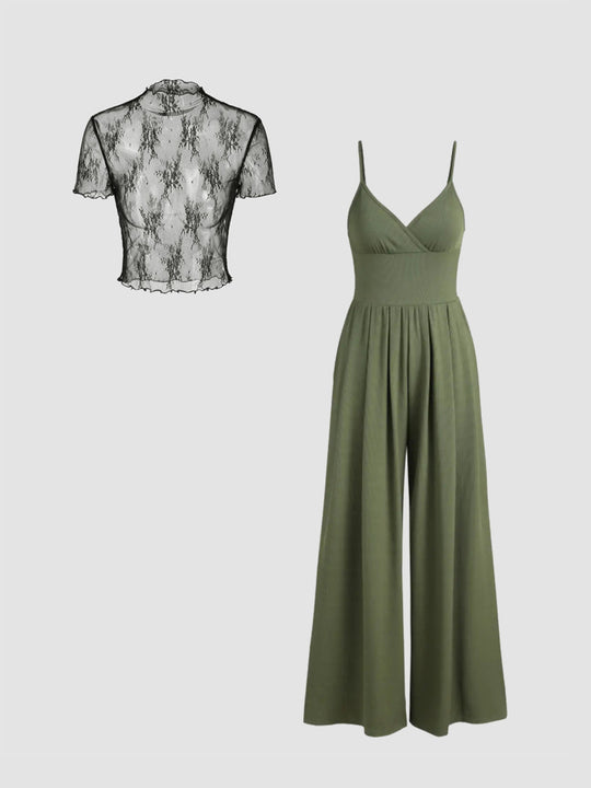 Damen elegantes V-Ausschnitt Jumpsuit mit transparenter Bluse EB