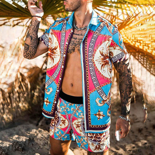 Herren Kurzarmhemd mit aufwendigem Barockdesign und atmungsaktivem Stoff EB