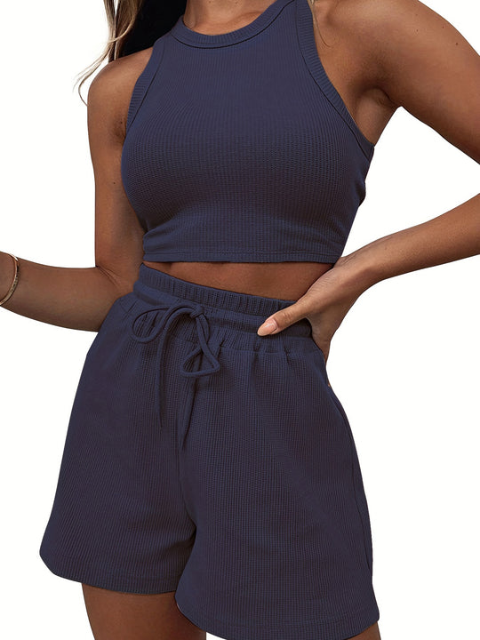 Damen sportliches Zweiteiliges Kurz-Outfit mit Rippstruktur EB