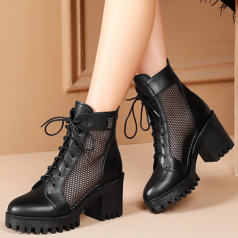 Damen Schnürstiefeletten mit elegantem Mesh-Einsatz und robustem Blockabsatz EB