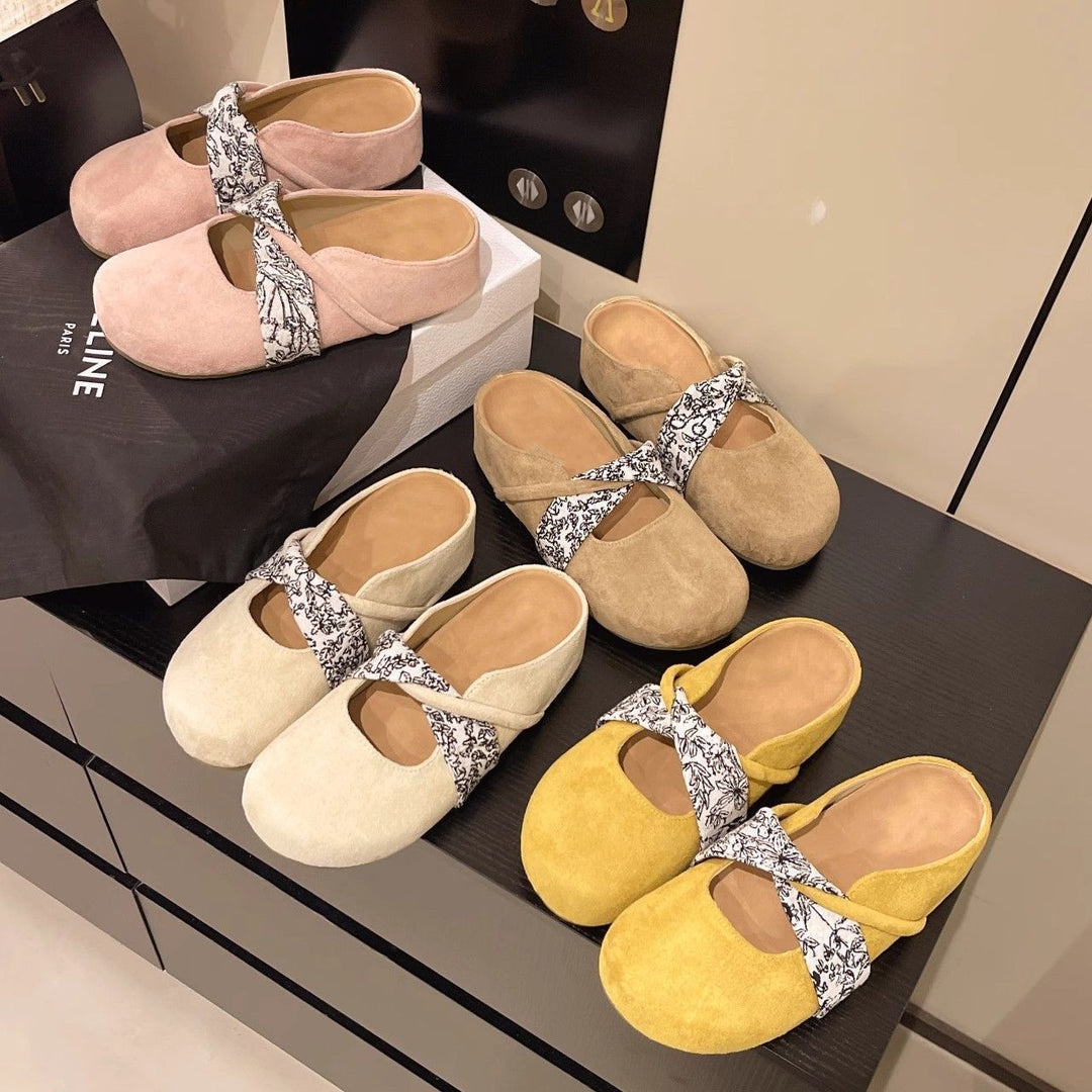 Damen Velours-Mules mit gepolstertem Fußbett und Zierkreuzriemen EB