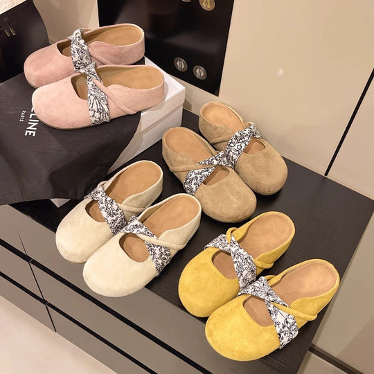 Damen Velours-Mules mit gepolstertem Fußbett und Zierkreuzriemen EB