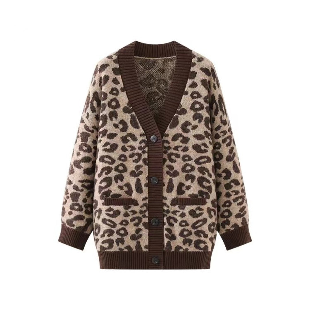 Damen Leichter Strickcardigan mit strukturiertem Leopardenmuster EB