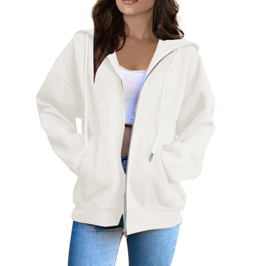Damen nan lässige Kapuzenjacke mit durchgehendem Reißverschluss, Kängurutaschen und voluminösen Raglanärmeln EB