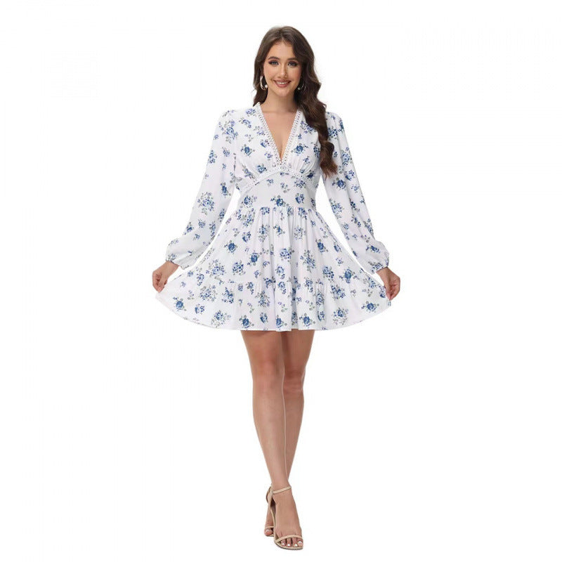 Damen Boho-florales Minikleid mit V-Ausschnitt und Puffärmeln EB