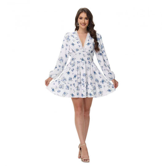 Damen Boho-florales Minikleid mit V-Ausschnitt und Puffärmeln EB