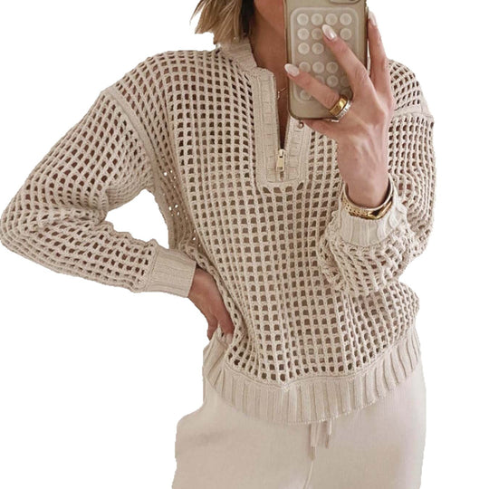 Damen lockerer Strickpullover mit Reißverschluss und luftiger Maschenstruktur EB