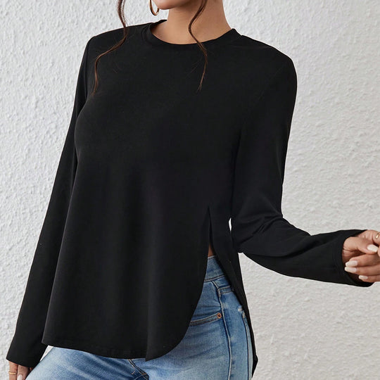 Damen Langarmshirt mit seitlichen Schlitzen, Rundhalsausschnitt und entspannter Casual-Passform Eichborn Berlin