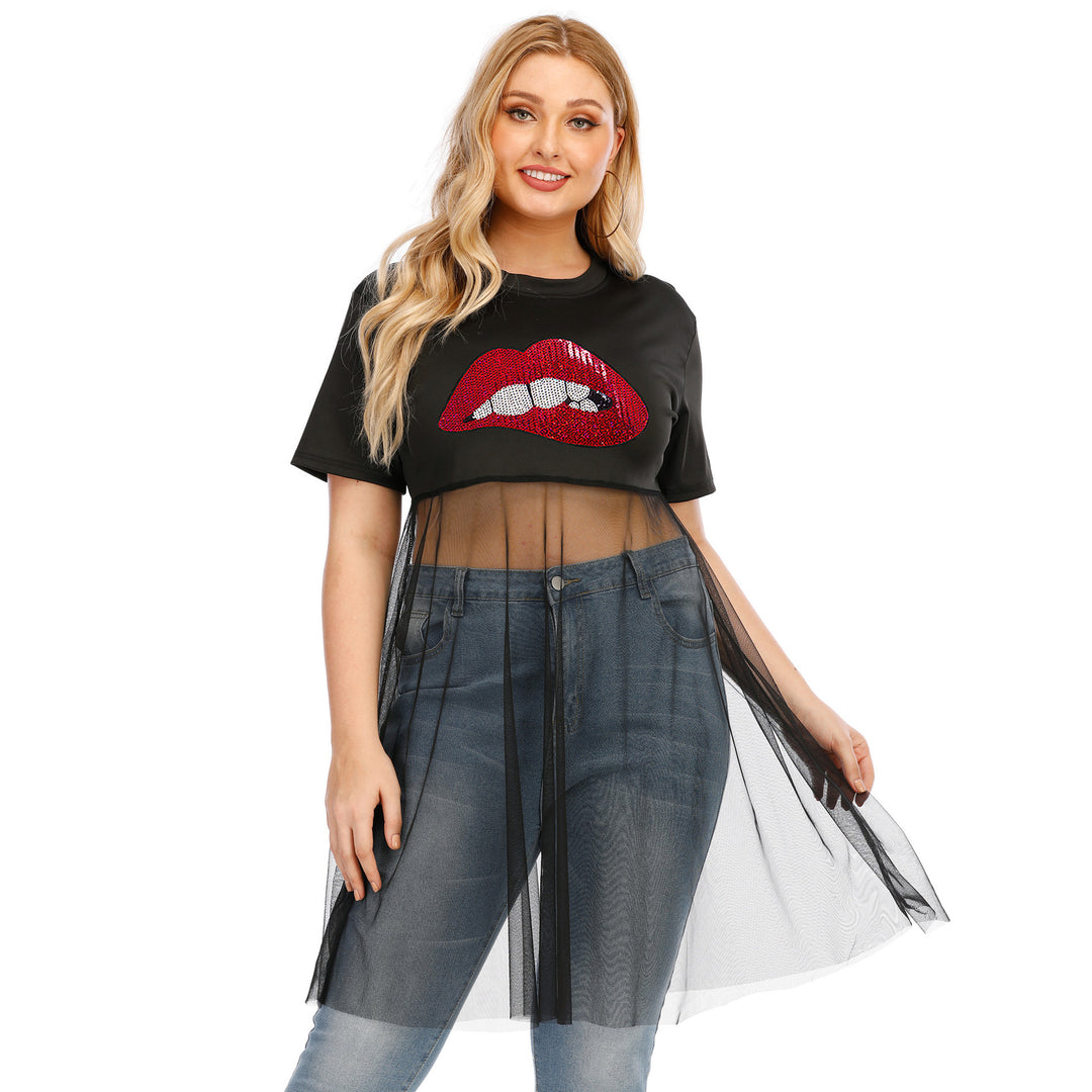 Damen modisches Crop-Top mit transparentem Überwurf und Glitzerbesatz EB