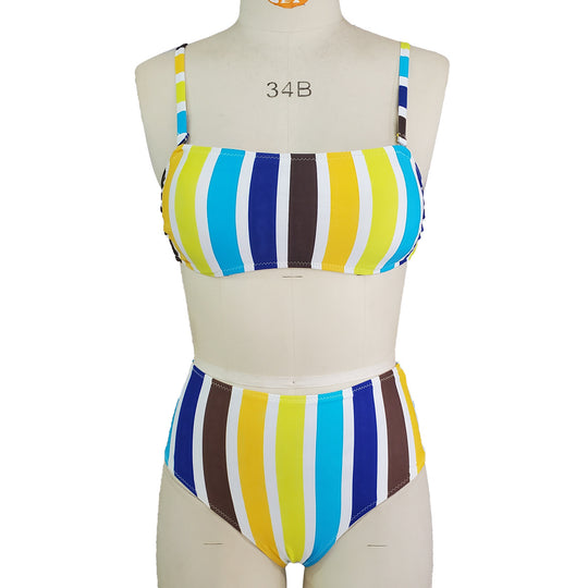 Damen Hoch geschnittener Bikini mit breiten Streifen EB