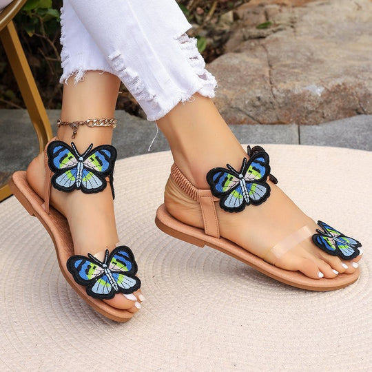 Damen Zehentrenner-Sandalen mit buntem Schmetterlingsdesign und komfortablem Fußbett EB