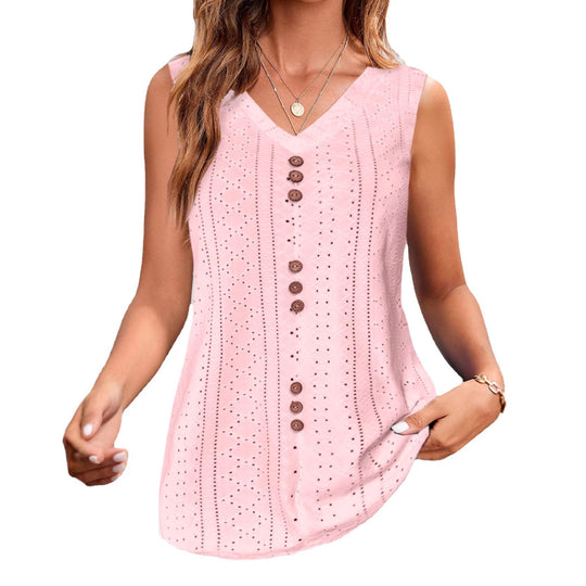 Damen V-Ausschnitt Blusentop mit Knopfleiste und filigranem Lochmuster Heidi-Mode