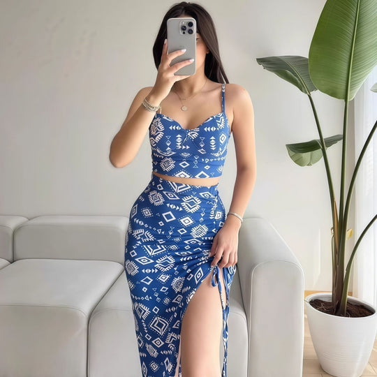 Damen Set aus Crop-Top und Knielangem Rock mit Raffungen EB