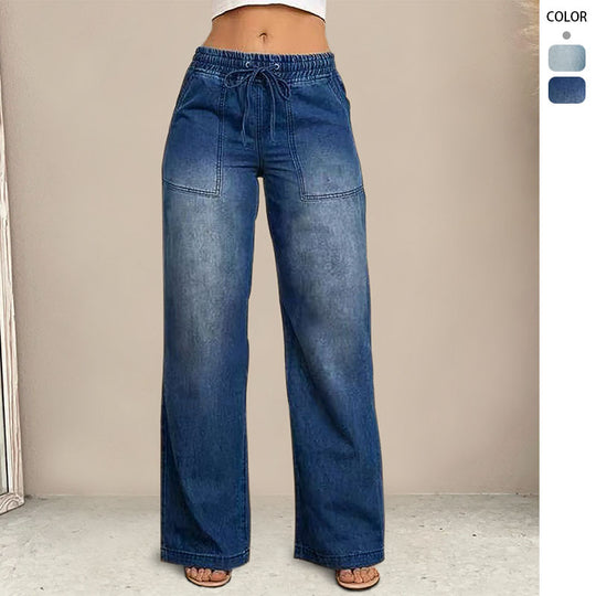 Damen Weit geschnittene Jeanshose mit elastischem Bund und modischem Used-Look EB