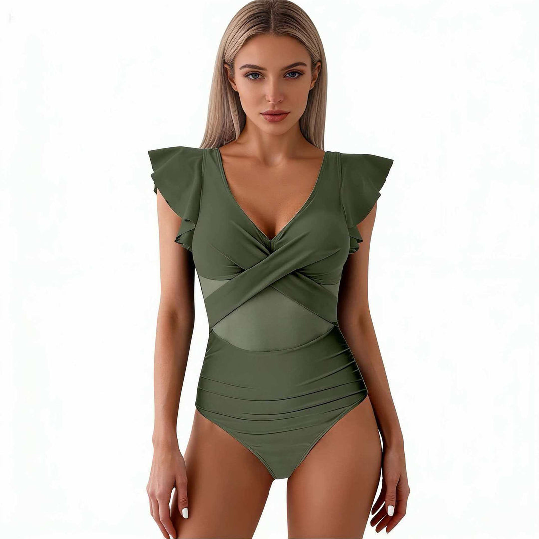 Damen Eleganter Badeanzug mit raffinierten Rüschendetails und transparenter Einsätzen EB