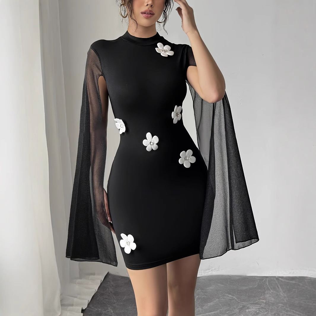 Damen Kleid mit transparenten Ärmeln und floralen Applikationen EB