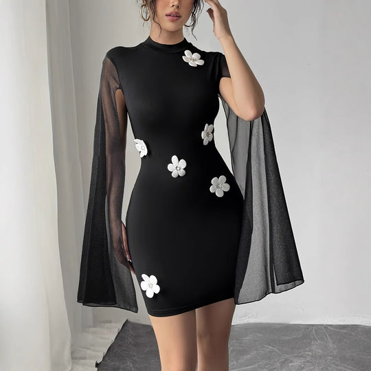 Damen Kleid mit transparenten Ärmeln und floralen Applikationen EB