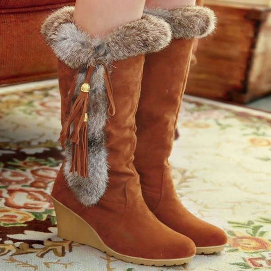 Damen Wedge-Stiefel mit kuscheligem Kunstfell und modischen Quasten EB