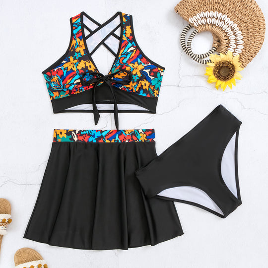 Damen Bikiniset mit ärmellosem Oberteil und schwingendem Rock EB