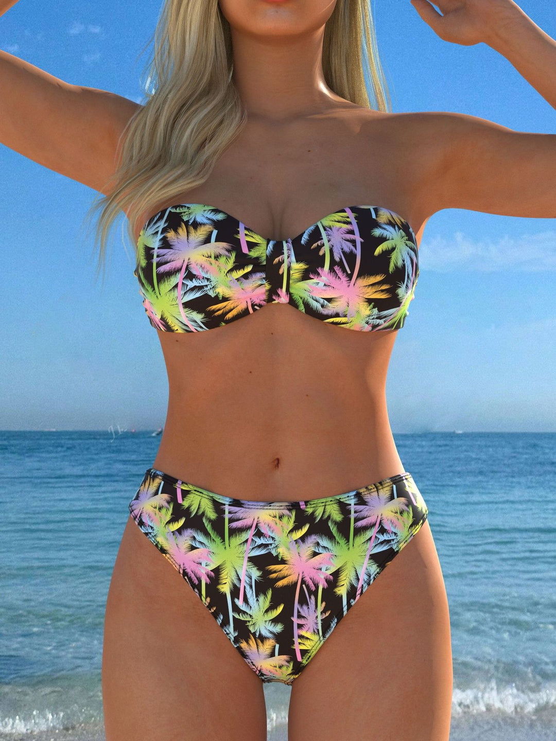 Damen Bandeau-Bikini mit farbenfrohem Palmenmuster und hohem Taillenschnitt EB